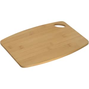 A bamboo cheese board with a curved edge and a handle, featuring a natural wood finish.