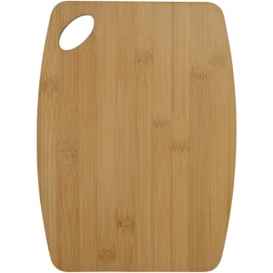 A bamboo cheese board with a rectangular shape and a cut-out handle, featuring a natural wood finish.