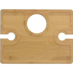 A bamboo picnic board featuring a circular cutout and two cup holders, ideal for outdoor dining.