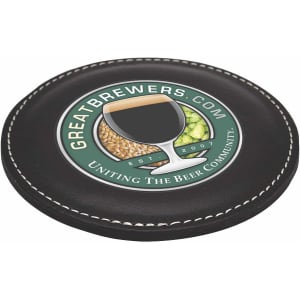 A round black coaster featuring a logo with a beer glass and grain, highlighted with white stitching.