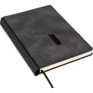 A black and grey A5 notebook with a textured cover and a black elastic closure. It features a ribbon bookmark.