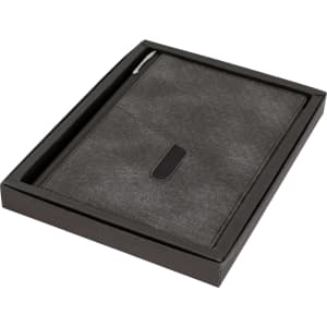 A grey A5 notebook in a sleek black box, featuring a pen loop and a subtle logo.