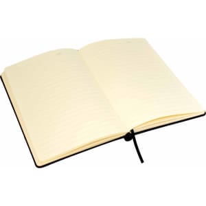 An open A5 notebook with cream pages, featuring a black cover and a ribbon bookmark. It includes a logo.