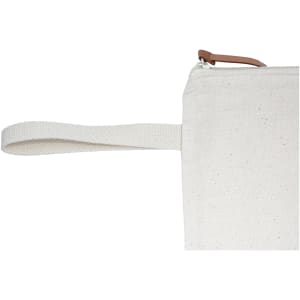 A cream-coloured conference bag with a zip closure and a fabric wrist strap. It features a simple design and a logo.