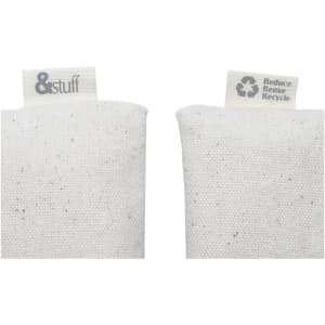 A cream-coloured pencil case featuring textured fabric, with labels indicating brand and recycling message.
