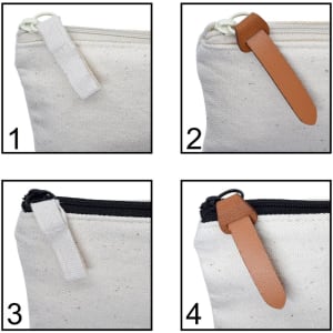 A cream-coloured pencil case with various zip pulls, including a brown leather strap and fabric options, featuring a logo.