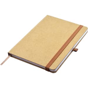 A tan A5 notebook with a brown elastic band and ribbon bookmark, featuring a plain cover and no visible branding.