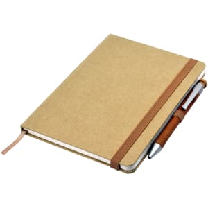 An A5 eco-friendly notebook in natural brown with a brown elastic band and a wooden pen attached.