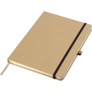 A tan A5 notebook with a brown elastic band closure and a ribbon bookmark. It features a simple, minimalist design.