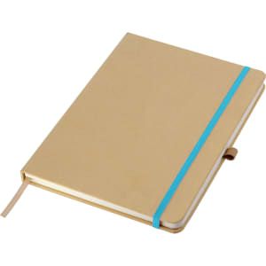 An A5 notebook in brown with a turquoise elastic band and a ribbon bookmark. It has a simple, eco-friendly design.