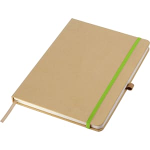 A brown A5 notebook with a green elastic band, featuring a ribbon bookmark and a logo on the cover.