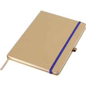 A tan A5 notebook with a blue elastic band and a ribbon bookmark. It has a simple, natural design.
