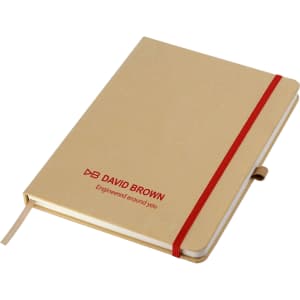 A kraft A5 notebook with a red elastic band and bookmark, featuring a logo on the cover.