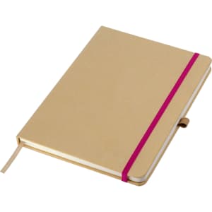 A beige A5 notebook with a magenta elastic band and a ribbon marker, featuring a simple design.