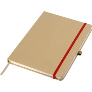 An A5 notebook with a brown kraft cover, featuring a red elastic band and a ribbon bookmark.