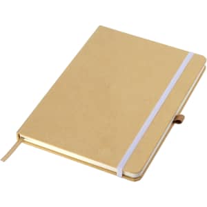 A tan A5 notebook with a white elastic band and ribbon bookmark, featuring a plain cover and inner pages.