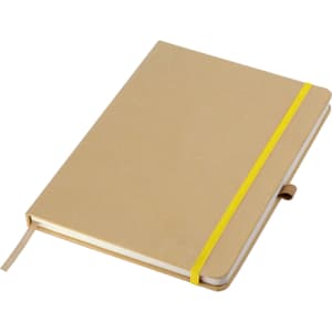 A brown A5 notebook with a yellow elastic band, featuring a ribbon bookmark and a textured cover.