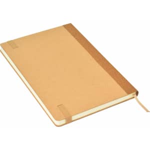 A brown A5 notebook with a textured spine and elastic closure, featuring a simple design and a logo.