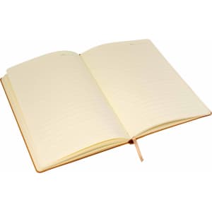 An open A5 notebook with lined pages, featuring a tan cover and a ribbon bookmark.