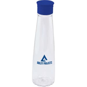 A drink bottle in clear plastic with a blue cap and a logo on the side.