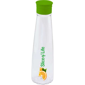 A drink bottle with a clear body and a green lid, featuring an illustration of a sliced orange.
