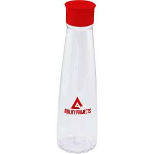 A drink bottle with a clear body and a red lid, featuring a logo in red colour.