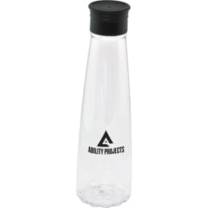 A drink bottle in a clear design with a black lid and a logo on the front.