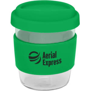 A drink bottle featuring a clear body and a bright green silicone sleeve and lid, with a logo on the side.