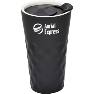 A black ceramic mug with a textured exterior and a white rim, featuring a logo on the side.