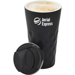 A ceramic mug in black with a textured surface and a lid, featuring a logo on the front.