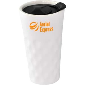 A white ceramic mug with a textured design and a black lid, featuring a logo.