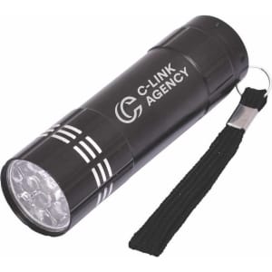 A black mini torch with multiple LED lights and a keyring attachment, featuring a textured grip and branding.
