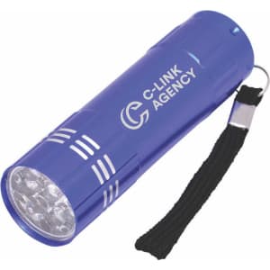 A blue mini torch with a keyring attachment and a black wrist strap. It features a logo on the body.