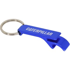 A blue bottle opener keyring with a metal loop, featuring a logo on its flat surface.