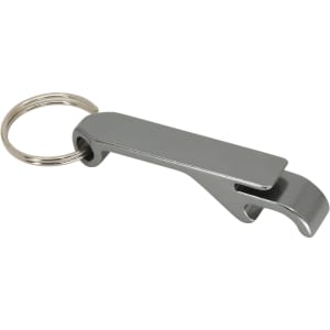 A drink bottle keyring in a shiny metallic finish, featuring a bottle opener and a keyring attachment.