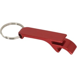 A drink bottle keyring in shiny red with a metal keyring attachment and a bottle opener feature.