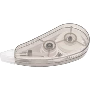 A correction tape dispenser in a transparent casing with white tape and gears visible inside.