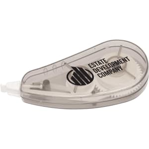 A translucent correction tape dispenser in grey, featuring internal gears and a logo.
