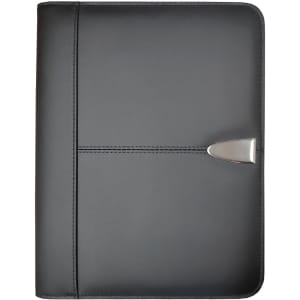 A black leather A4 zip portfolio featuring a sleek design and metal accent, equipped with a logo.