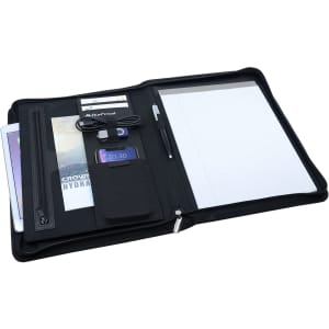 A black leather zip portfolio featuring compartments for documents, a notepad, tech accessories, and a pen.