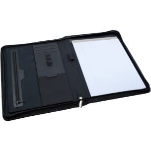 A black leather zip portfolio featuring a notepad, card slots, and a zippered pocket.