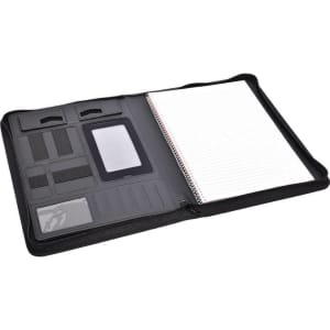 A black A4 zip portfolio with organised pockets for cards and a lined notebook. Includes a clear pocket and elastic straps.