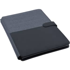 A black and charcoal portfolio with a smooth cover and textured finish, featuring a closure flap.