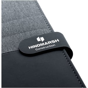 A black and charcoal A4 portfolio featuring a logo and an elastic closure. Suitable for office and business use.