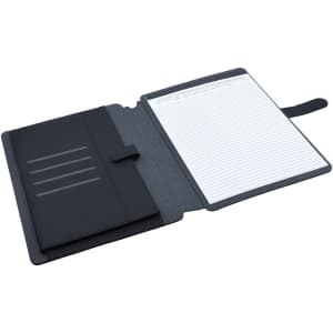 A black and charcoal A4 portfolio with an interior lined notepad and slots for cards or documents.