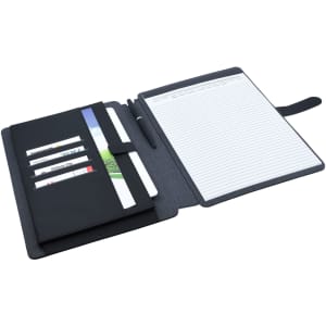 A black and charcoal A4 portfolio with card slots, a notepad, and a pen holder. It features a logo.