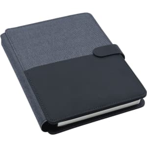 A black and charcoal A5 portfolio with a textured cover and a clasp closure, featuring a logo.