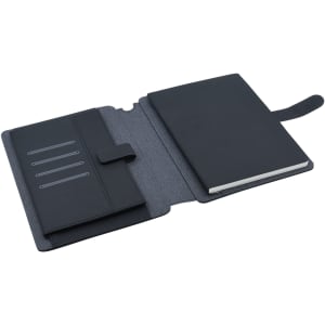 A black and charcoal A5 portfolio open to reveal sections for cards and a notebook. It has a sleek design and a secure closure.