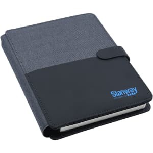 A black and charcoal A5 portfolio with a textured cover and a logo.