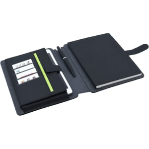 A black and charcoal A5 portfolio featuring card slots, a pen, and a notebook. It has a sleek, organised design.